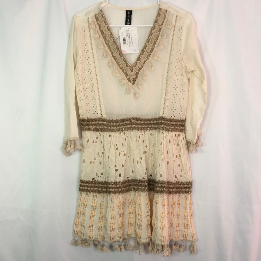 ME 2 MAGIC Cream and Tan Eyelet Tassels V-Neck Bohemian Mini Dress Size S
